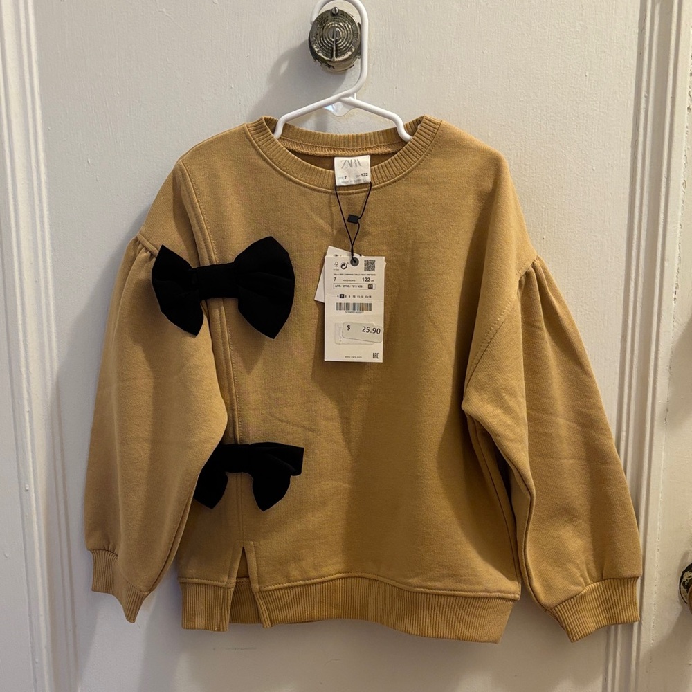 Zara Camel Sweatshirt with Black Bow Girls size 7